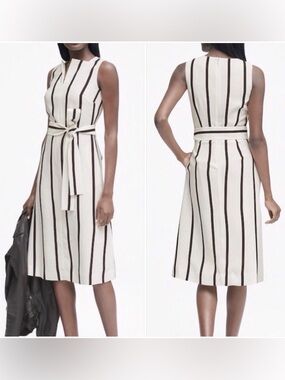 Banana Republic Square Neck Fit Flare Dress Spring Summer Ivory Black Stripe 16